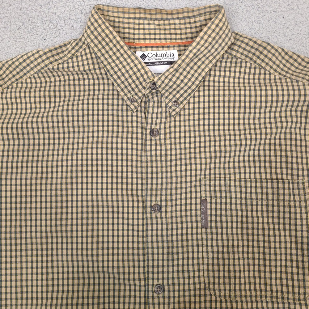 Columbia Shirt Mens XL Brown Tan Green Plaid‎ Check Button Down Pocket Outdoor